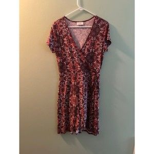 Womens Wrap Dress PEACH PURPLE RED Soft Knit PAISLEY FLOWER MANDALA V-Neck M